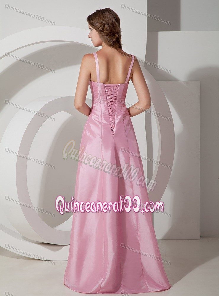 Square Rose Pink Empire Floor-length Beaded and Ruched Dama Dress