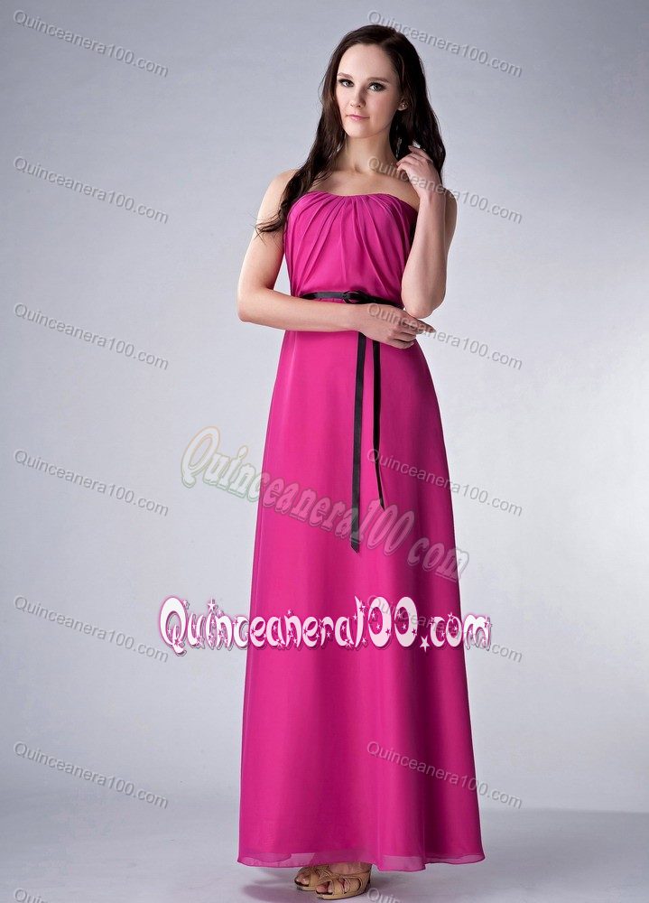 Pink Strapless Empire Ankle-length Chiffon Dama Dress with Sash