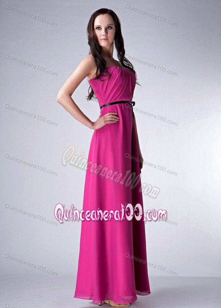 Pink Strapless Empire Ankle-length Chiffon Dama Dress with Sash