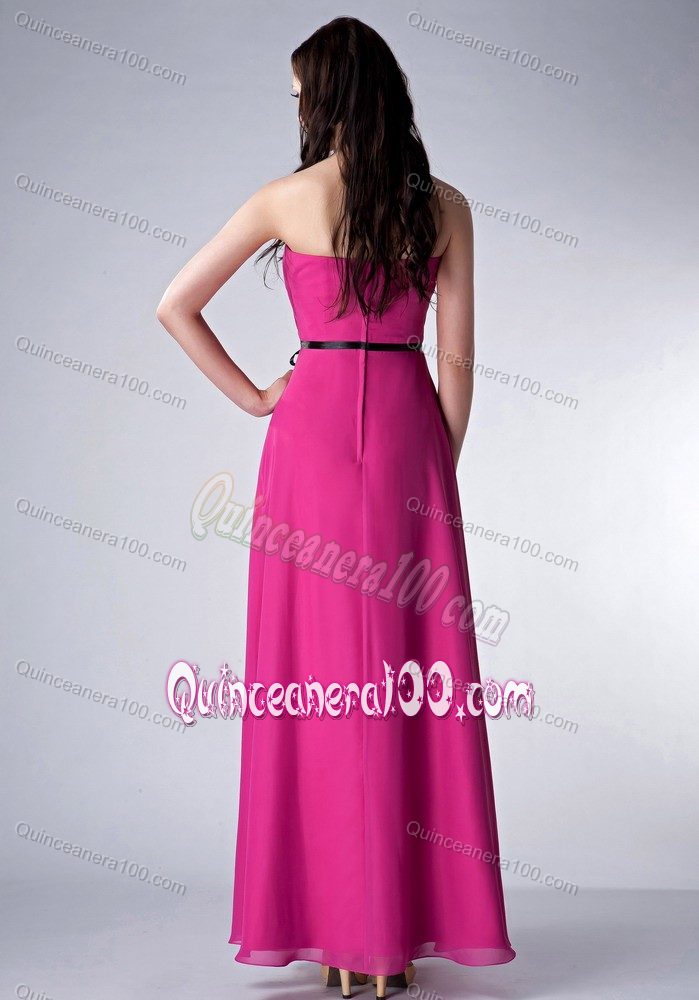 Pink Strapless Empire Ankle-length Chiffon Dama Dress with Sash