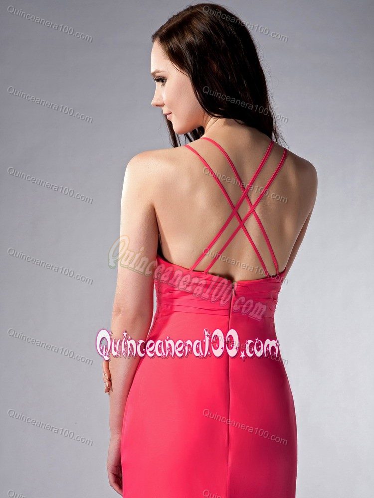 V-neck Column Chiffon Dama Dress in Coral Red with Brush Train