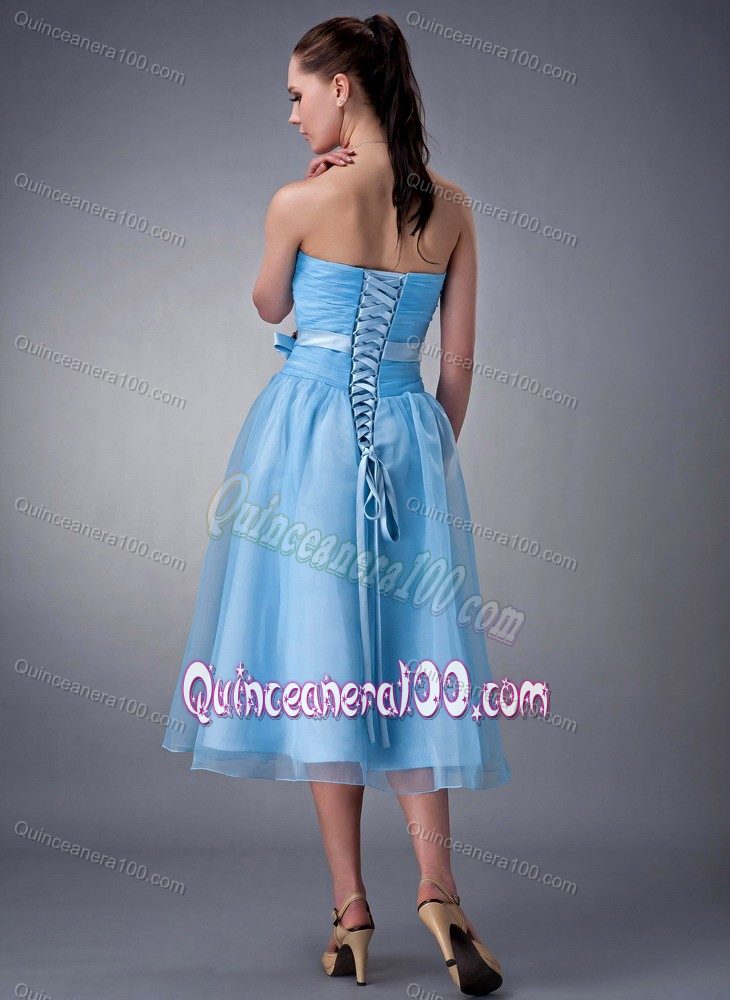 Strapless A-line Baby Blue Tea-length Dama Dress Handmade Flower
