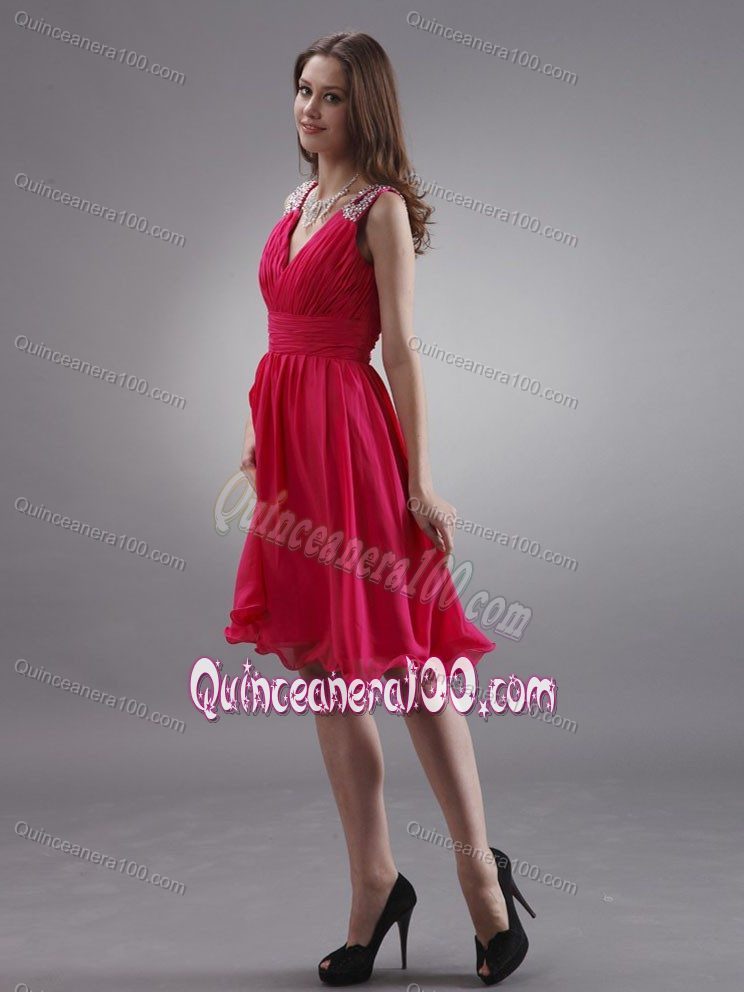V-neck Red Dama Dress with Beading and Ruching Knee-length