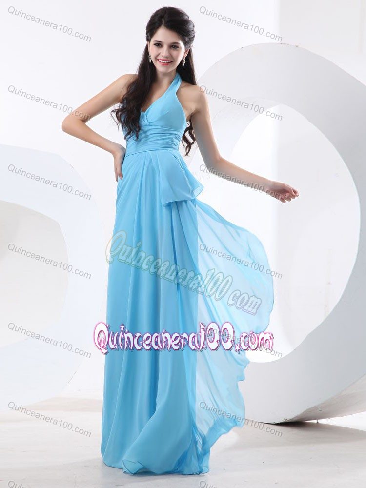 Baby Blue Halter Chiffon Dama Dress with Ruches and Ruffles