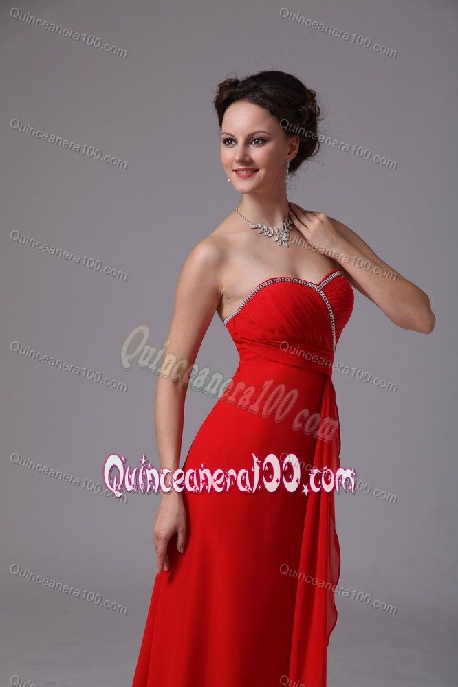 Sweetheart Red Beaded and Ruched Empire Chiffon Dama Dress