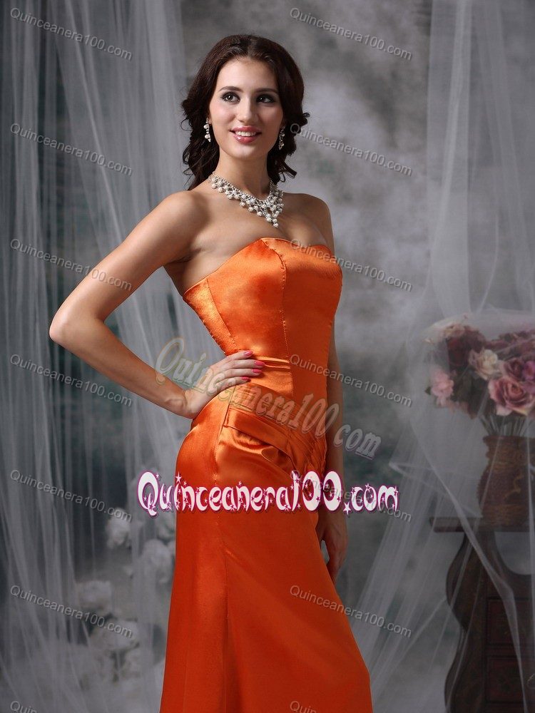 Strapless Column Orange Red Floor-length Ruched Dama Dress