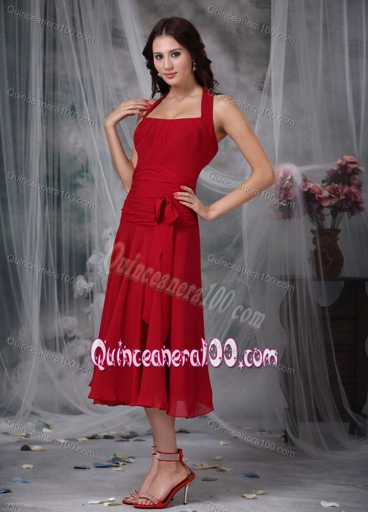 Halter Wine Red Column Tea-length Ruches and Bow Dama Dress