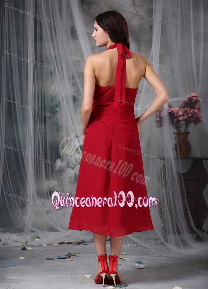 Halter Wine Red Column Tea-length Ruches and Bow Dama Dress