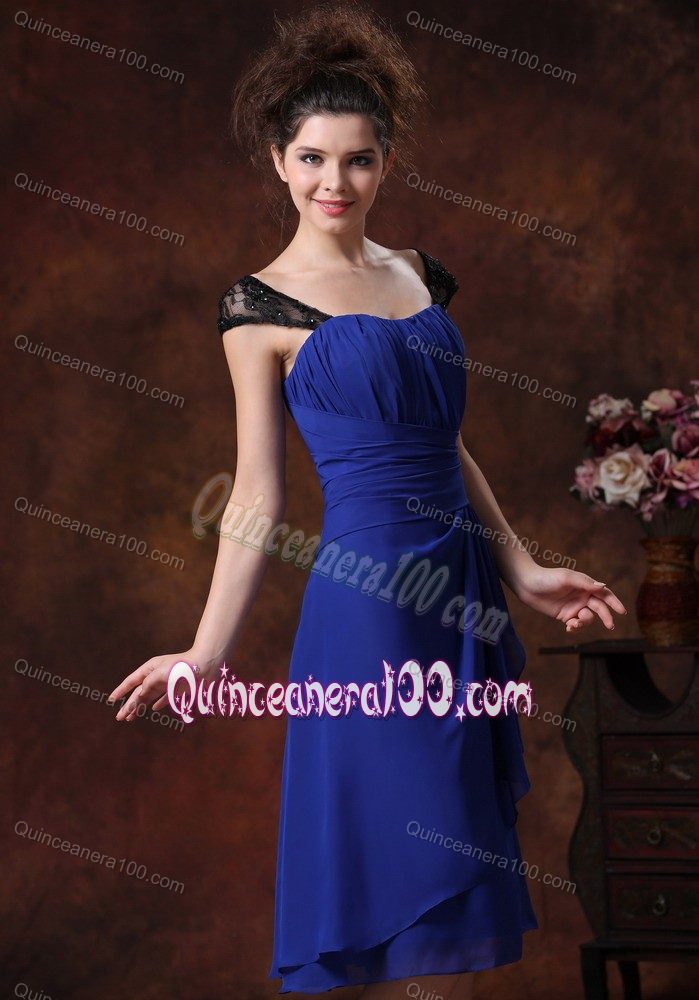 Straps Navy Blue 2013 Tea-length Ruched Ruched Dama Dress