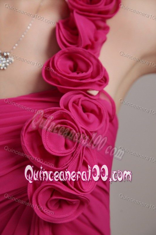 Hot Pink Empire One Shoulder Knee-length Dama Dress with Cute Flowers
