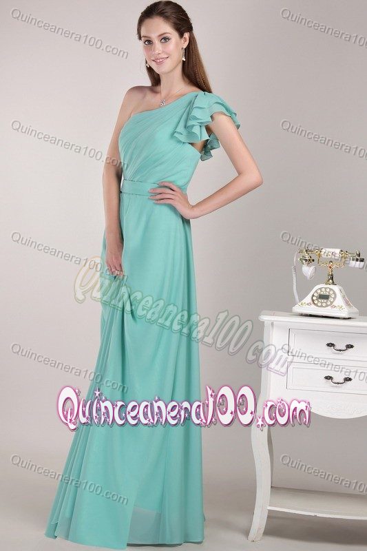 Turquoise Sheath One Shoulder Dama Dress with Decorated Strap