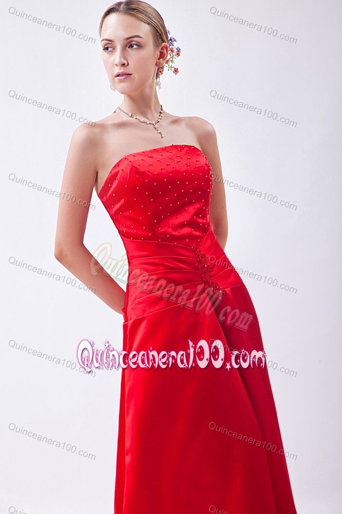 Red Column Strapless Floor-length Beading Dama Dresses For Quinceanera