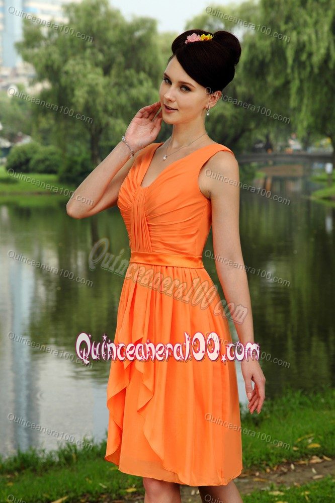 Orange Empire V-neck Knee-length Chiffon Ruch Party Dama Dresses
