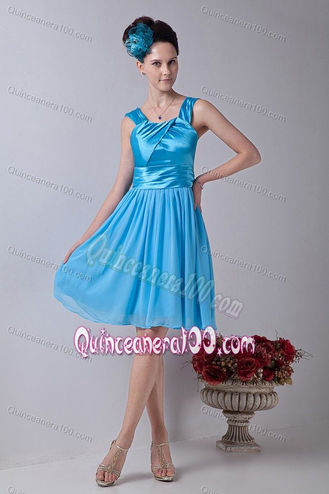 Aqua Blue Empire Straps Knee-length Ruching Damas Dresses