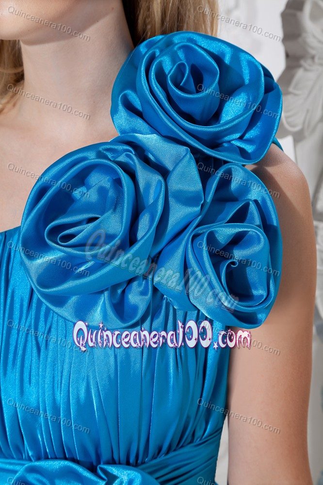 Dark Blue A-line One Shoulder Short Dama Dress with Pleats and Flowers