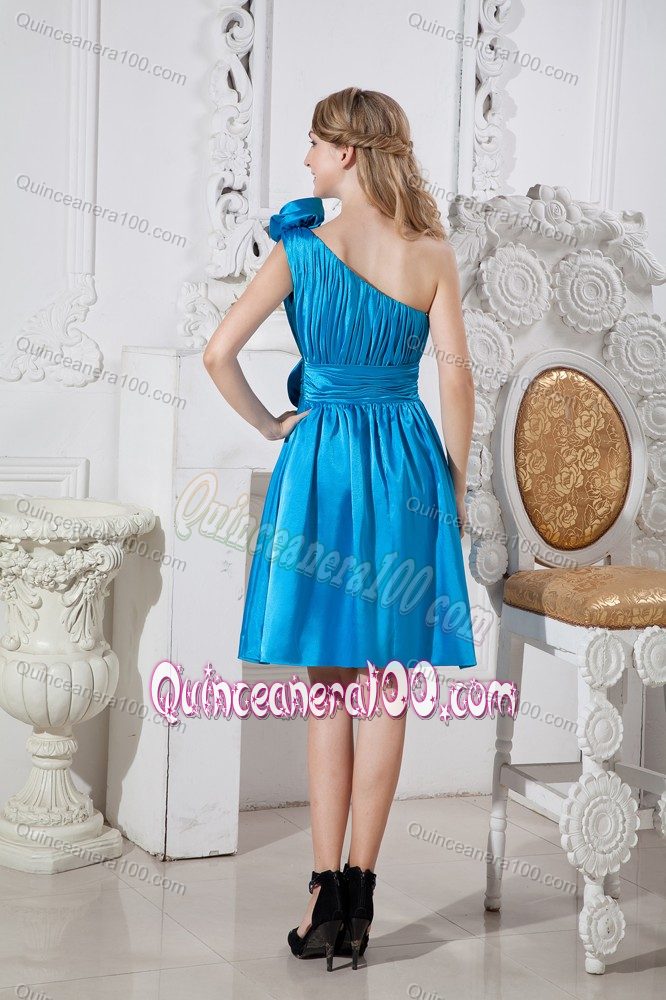 Dark Blue A-line One Shoulder Short Dama Dress with Pleats and Flowers