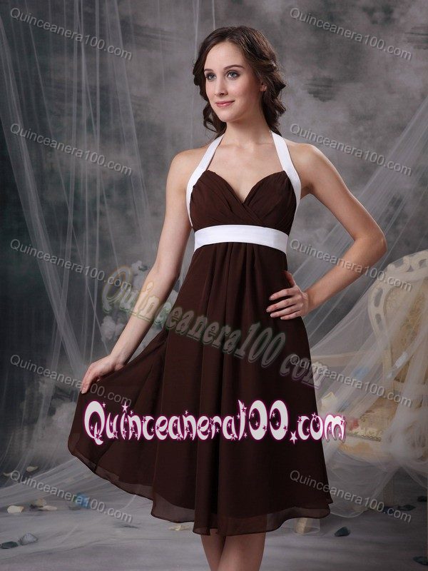 Brown and White Cheap Halter Chiffon Knee-length Dama Dresses