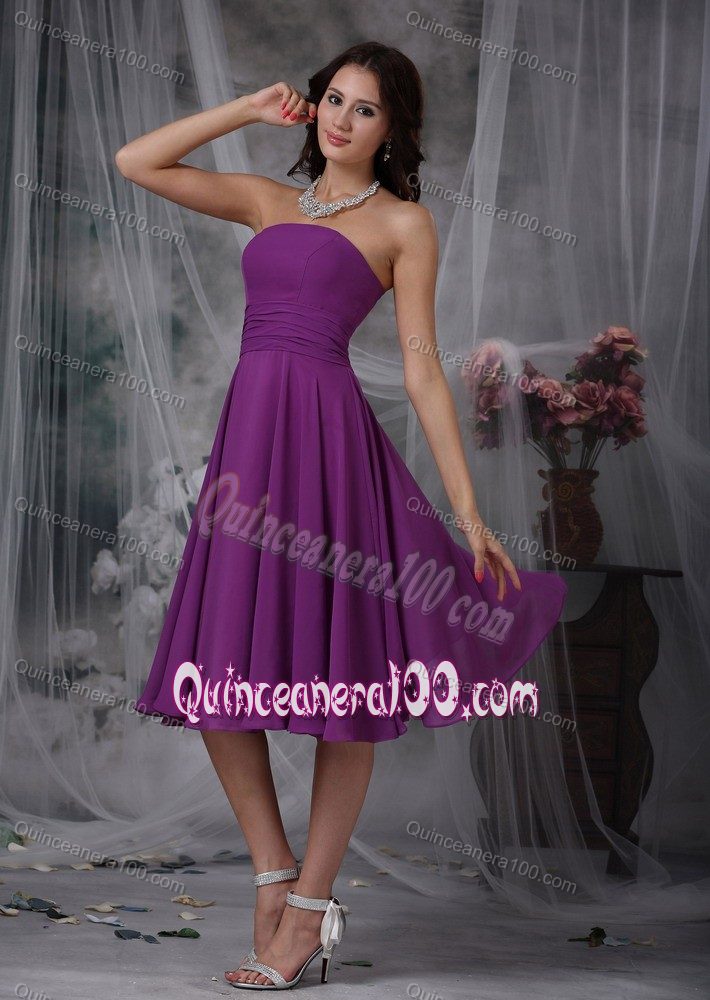 Purple Strapless Tea-length Chiffon Ruched Dresses for Damas