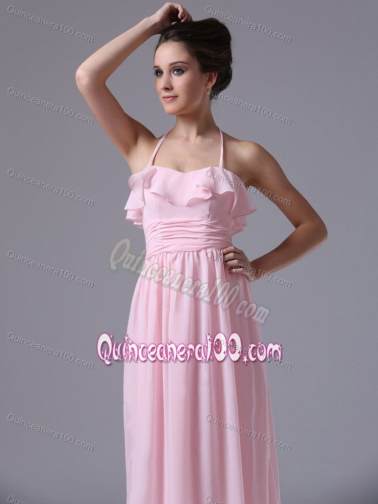 Romantic Halter Baby Pink Chiffon Ruched Quince Dama Dresses