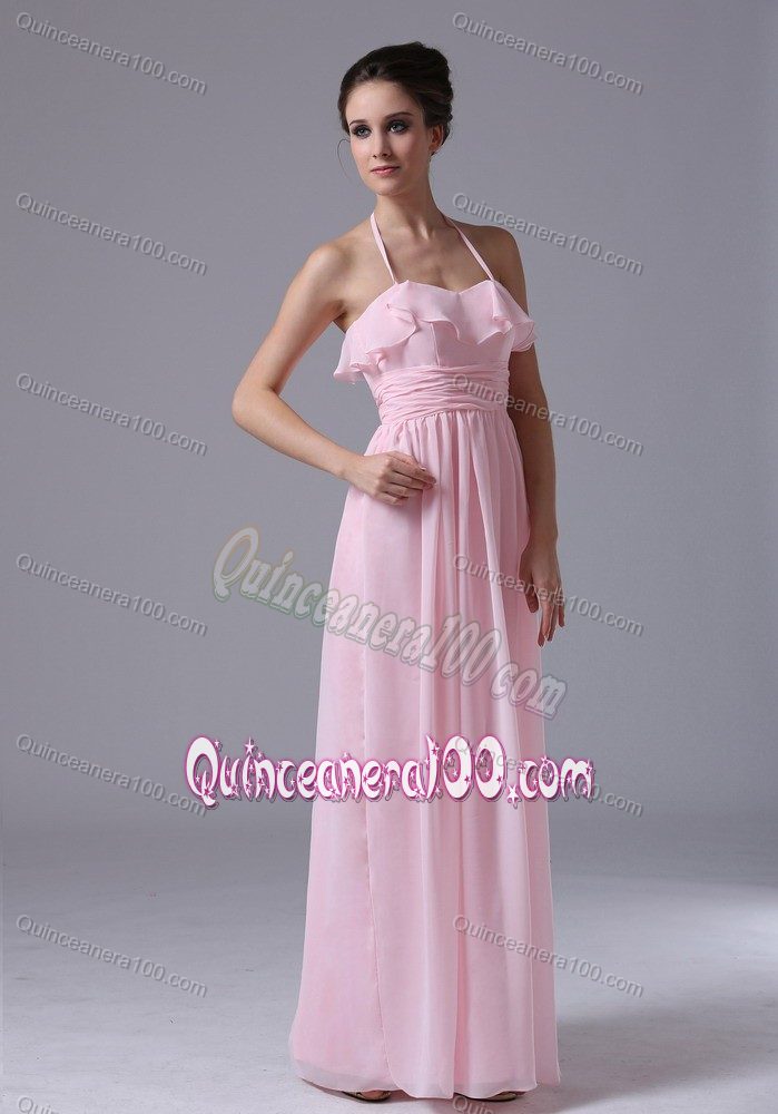 Romantic Halter Baby Pink Chiffon Ruched Quince Dama Dresses