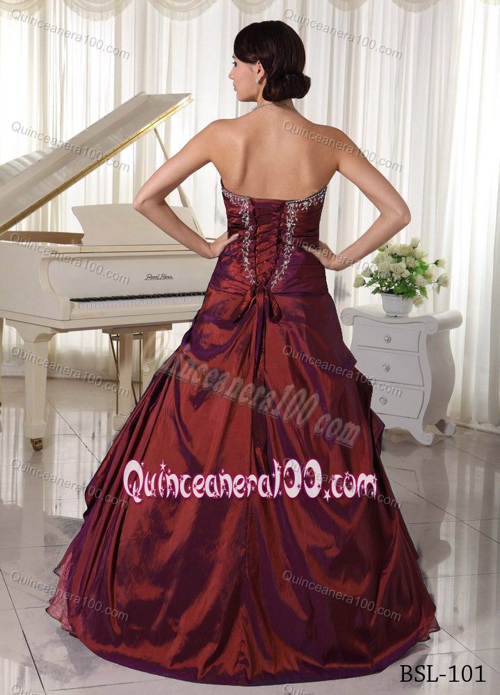 Wine Red Taffeta and Organza Appliques Dress for Quinceaneras
