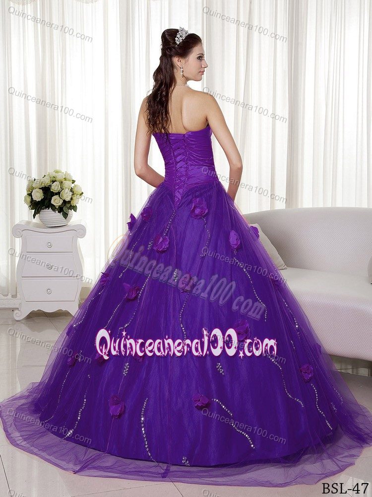 Purple A-line Taffeta and Tulle Quinceanera Dresses with Flowers