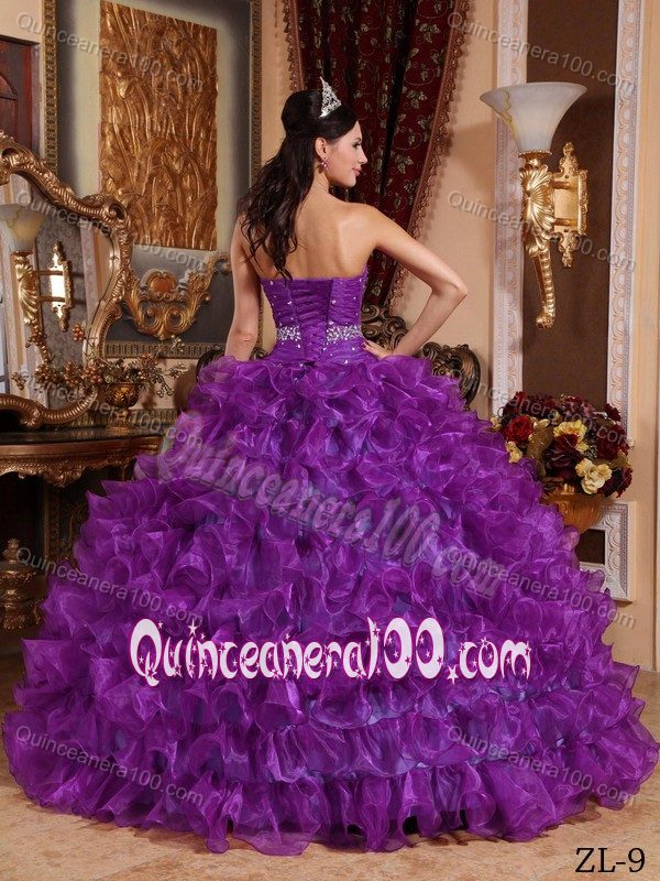 Purple Rolling Flowers Quinces Dresses with Beaded Ruche Bodice