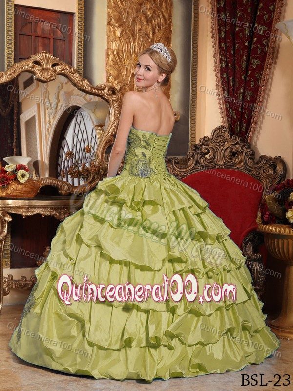 Nifty Olive Green Ruffled Strapless Dress for Quince with Appliques