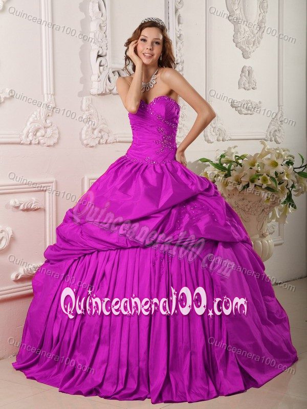 Exclusive Ball Gown Beaded Taffeta Dress for Sweet 15 in Fuchsia