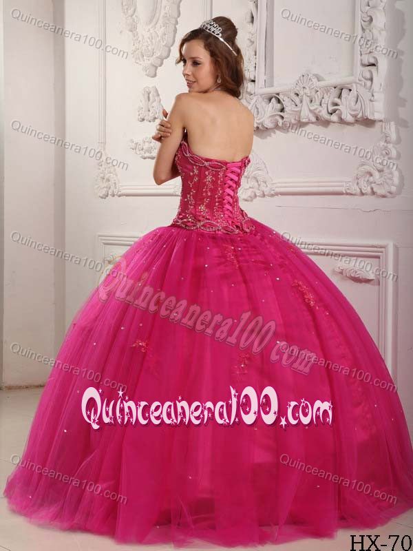 Strapless Appliques Beaded Tulle Sweet Sixteen Dresses in Hot Pink