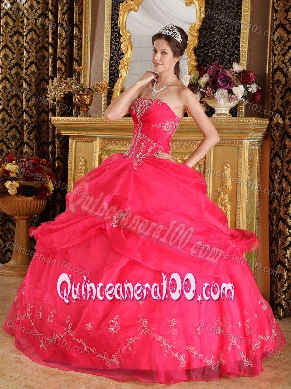 Beautiful Coral Red Appliques Pick-ups Organza Quinceanera Dress