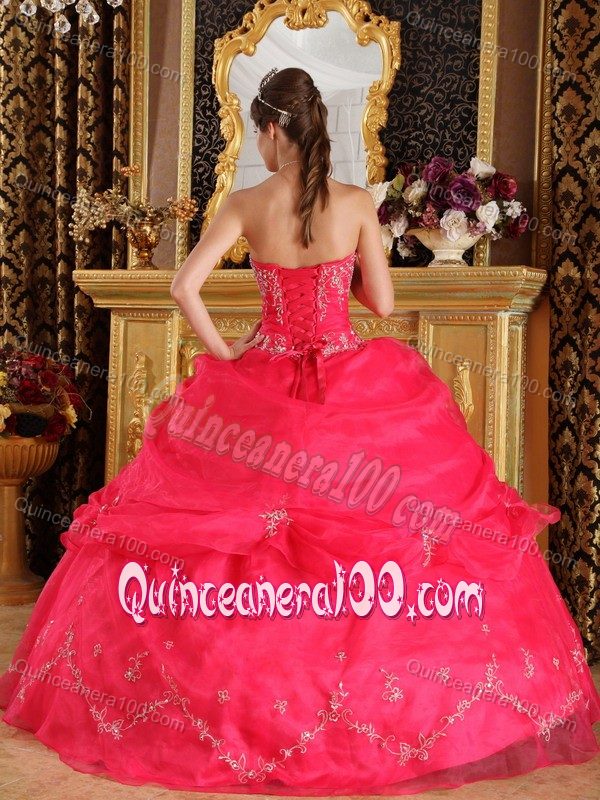 Beautiful Coral Red Appliques Pick-ups Organza Quinceanera Dress