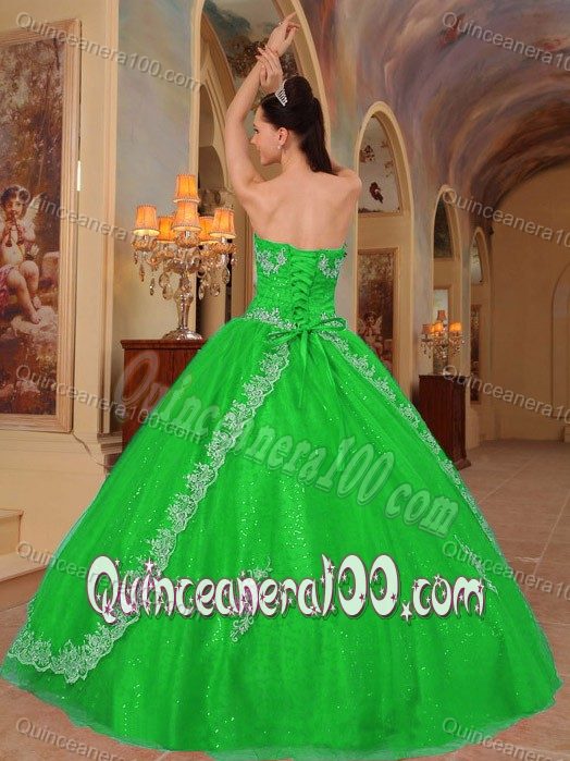 Spring Green Strapless Beading Appliques Dresses for a Quinceanera