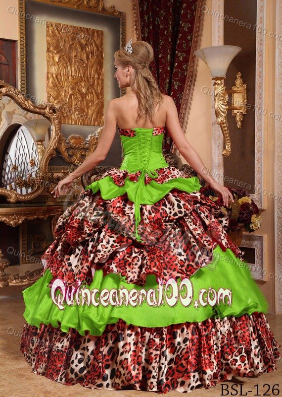 Spring Green Strapless with Leopard Pick-ups Dresses for a Quince