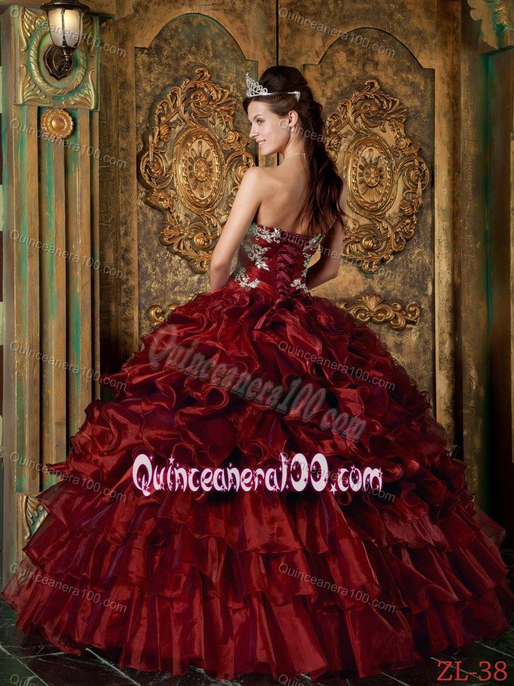 Wine Red Strapless Multi-tiered Ruffles Appliques Dress for Quince