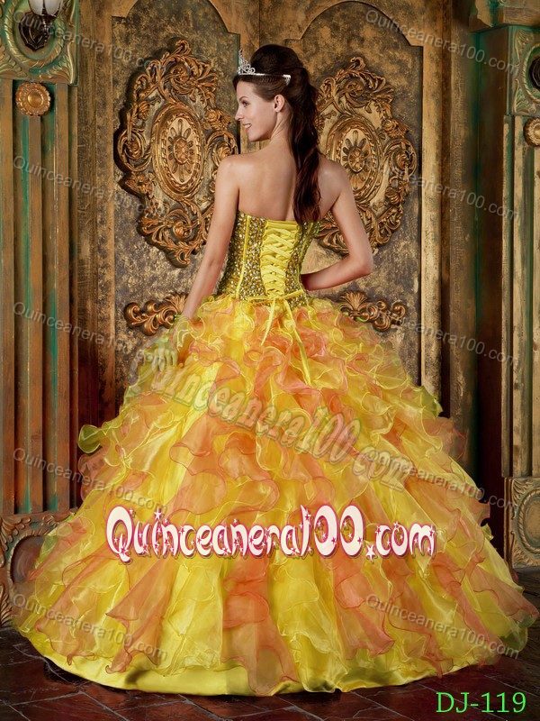 Multi-colored Strapless Beading and Ruffled Organza Quince Dress