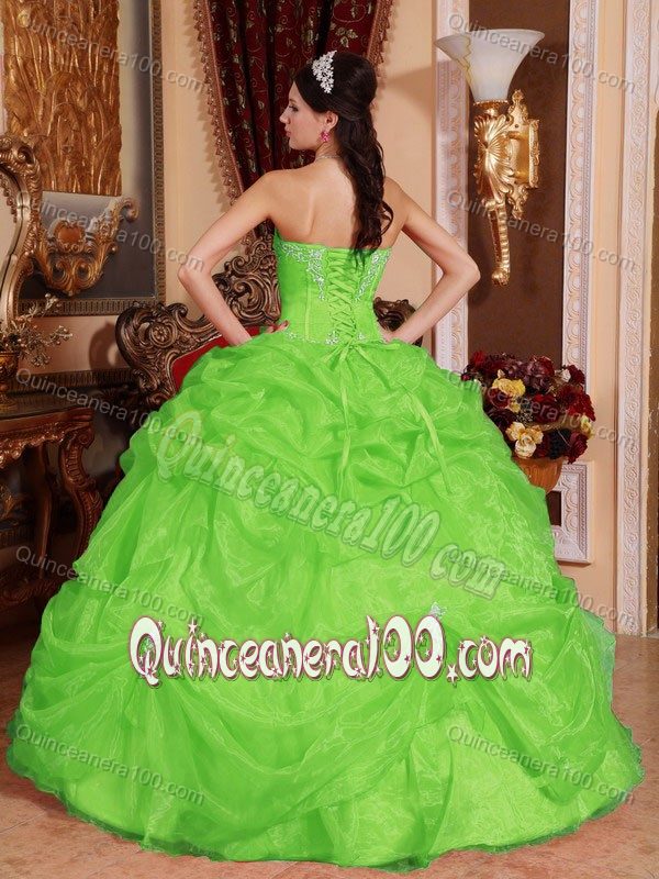 Spring Green Sweetheart Appliques and Pick-ups Dresses for 15
