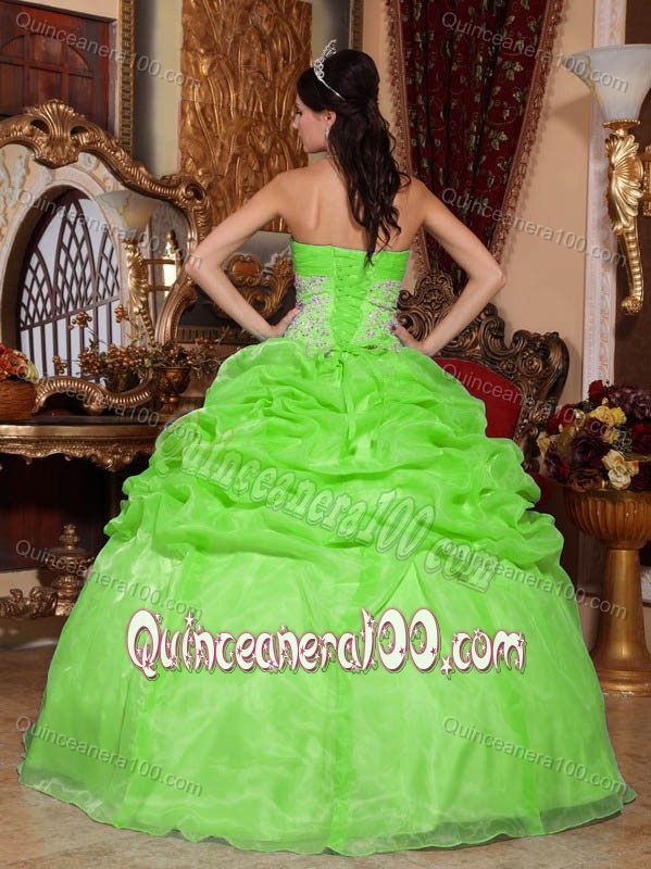 Apple Green Strapless Pick-ups Accent Appliques Quinceanera Gowns