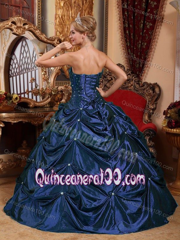 Dark Blue Beading Ruched Bust Pick-ups Accent Quinceanera Gowns