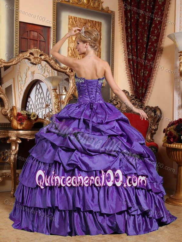 Purple Strapless Beading Appliques Pick-ups Tiered Quinces Dresses