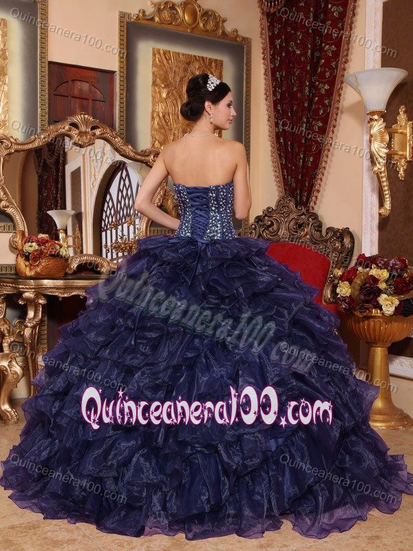 Navy Blue Beading Bust Sweetheart Ruffles Accents Quinces Dresses