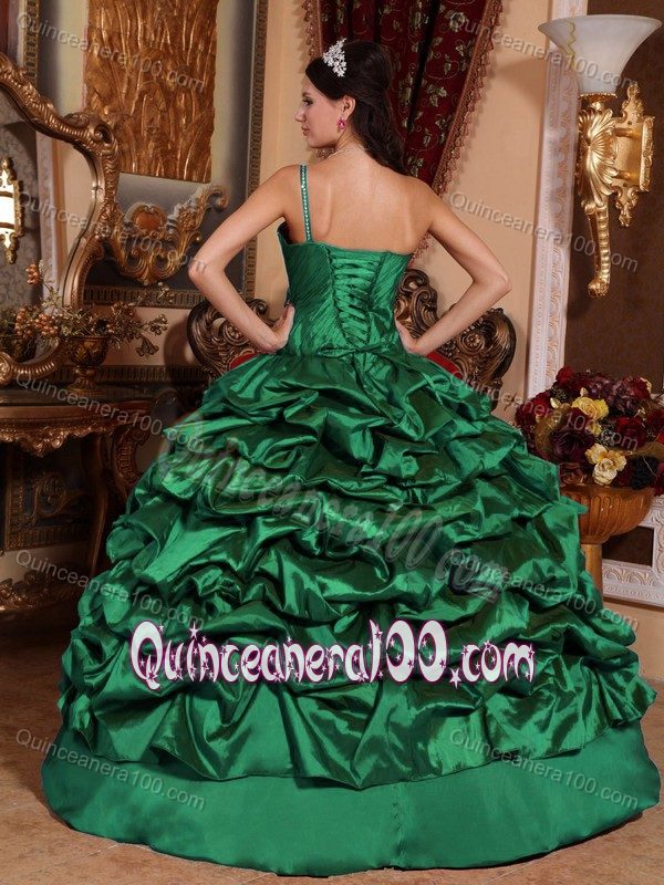 Green One Shoulder Beading Bust Pick-ups Quinceanera Gowns