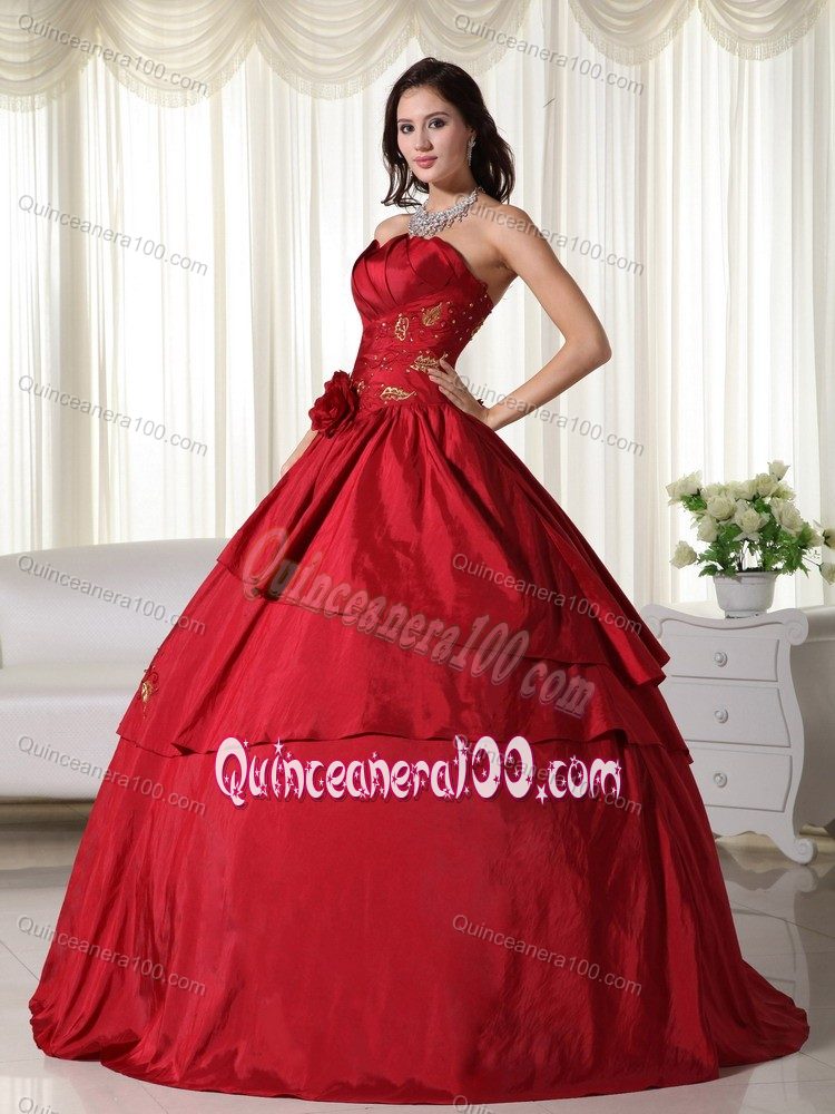 Wine Red Strapless Beading Tiered and Pleated Sweet Sixteen Dresses