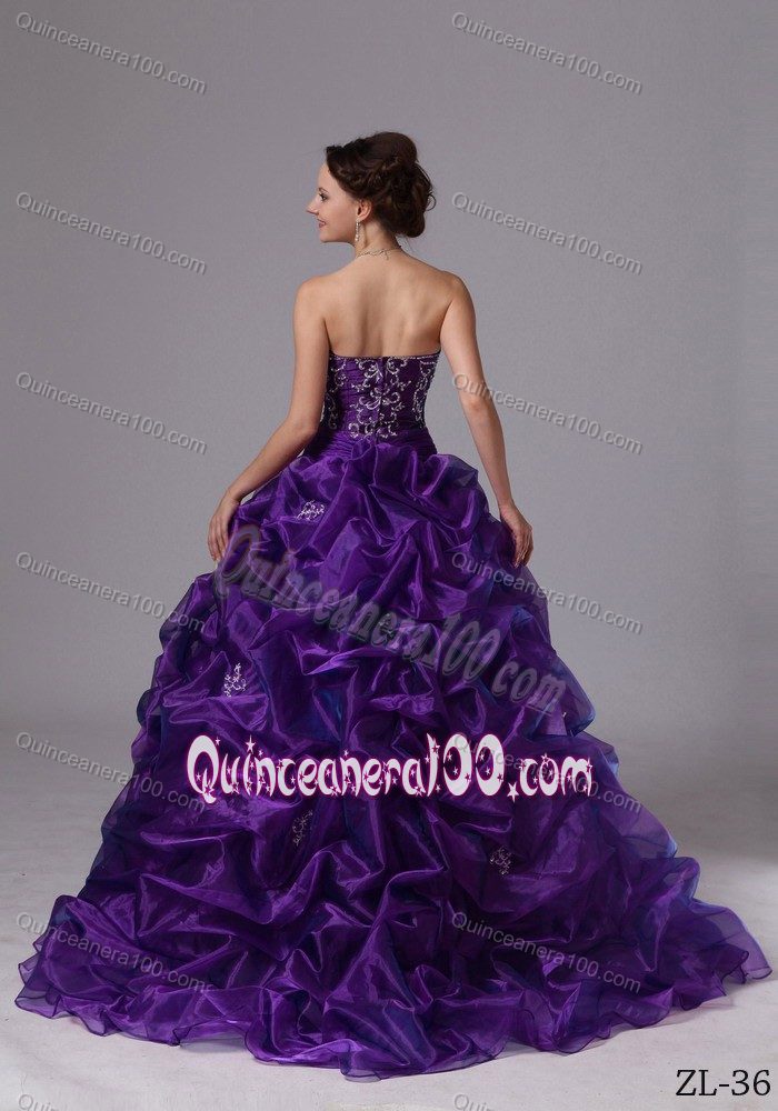 Purple Pick-ups Quinceanera Gowns with Embroidery Brush Train