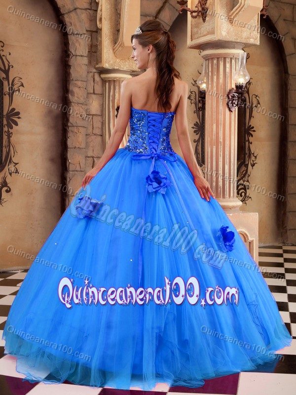 Hand Made Flowers Beaded Blue Dress for Quince Custom Made