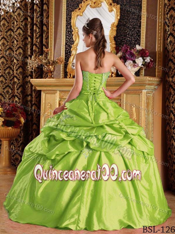 Newest Taffeta Appliques Pick-ups Sweet 15 Dress in Yellow Green