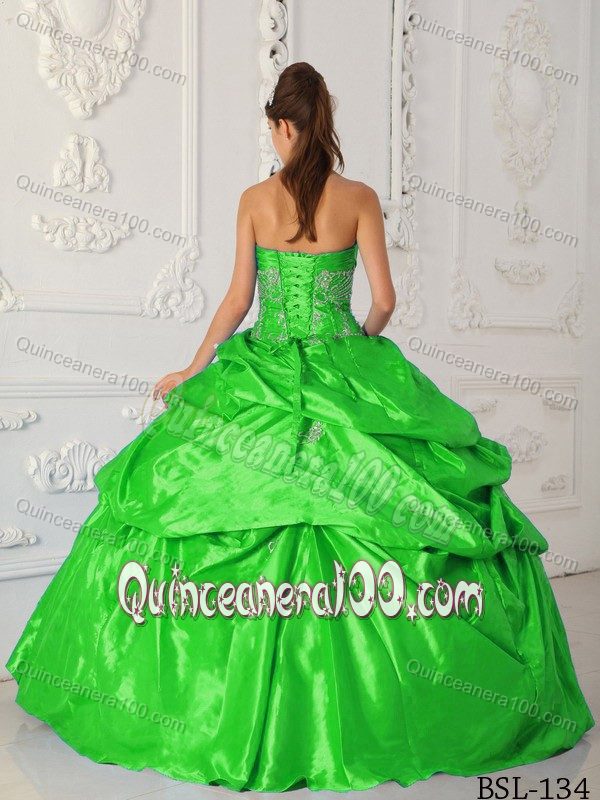 Green Ruche Sweetheart Appliques Dress for Quince with Pick-ups