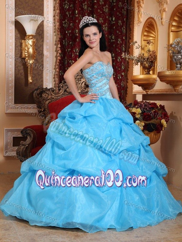 Popular Aqua Blue Beaded Bodice Sweet 16 Dresses with Pick-ups