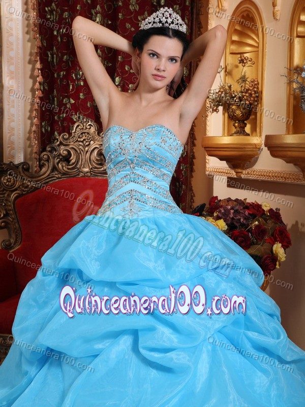 Popular Aqua Blue Beaded Bodice Sweet 16 Dresses with Pick-ups