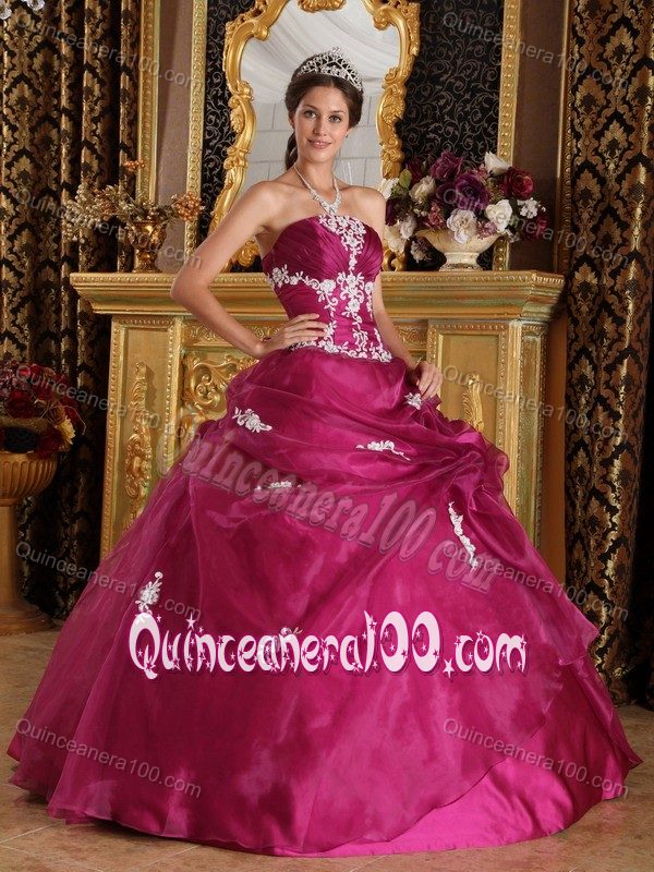 Trendy Fuchsia Organza and Satin Dress for Quince with Appliques